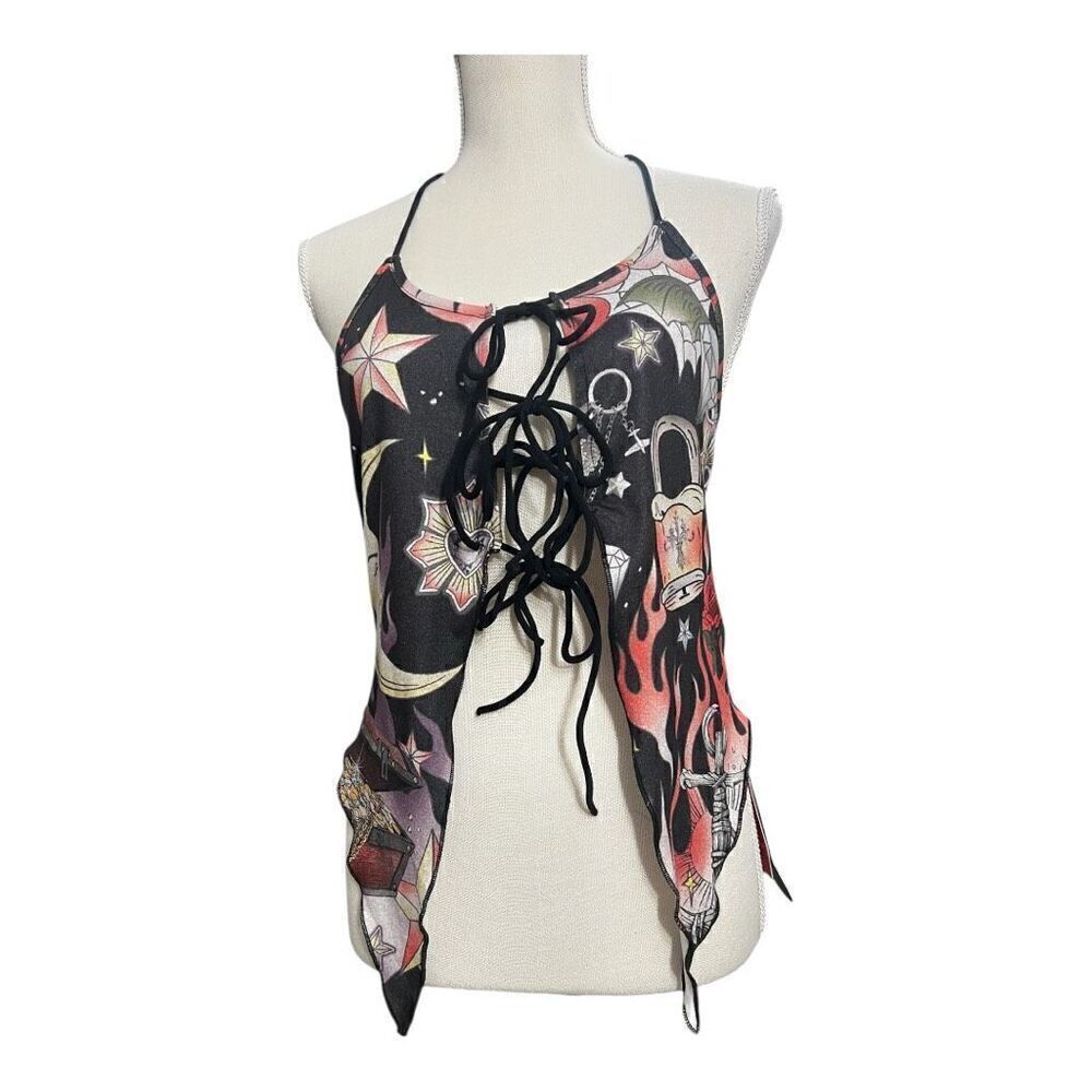 Romwe Black Multicolor Moon Floral Print Halter Top Size L Lace Up Open Back